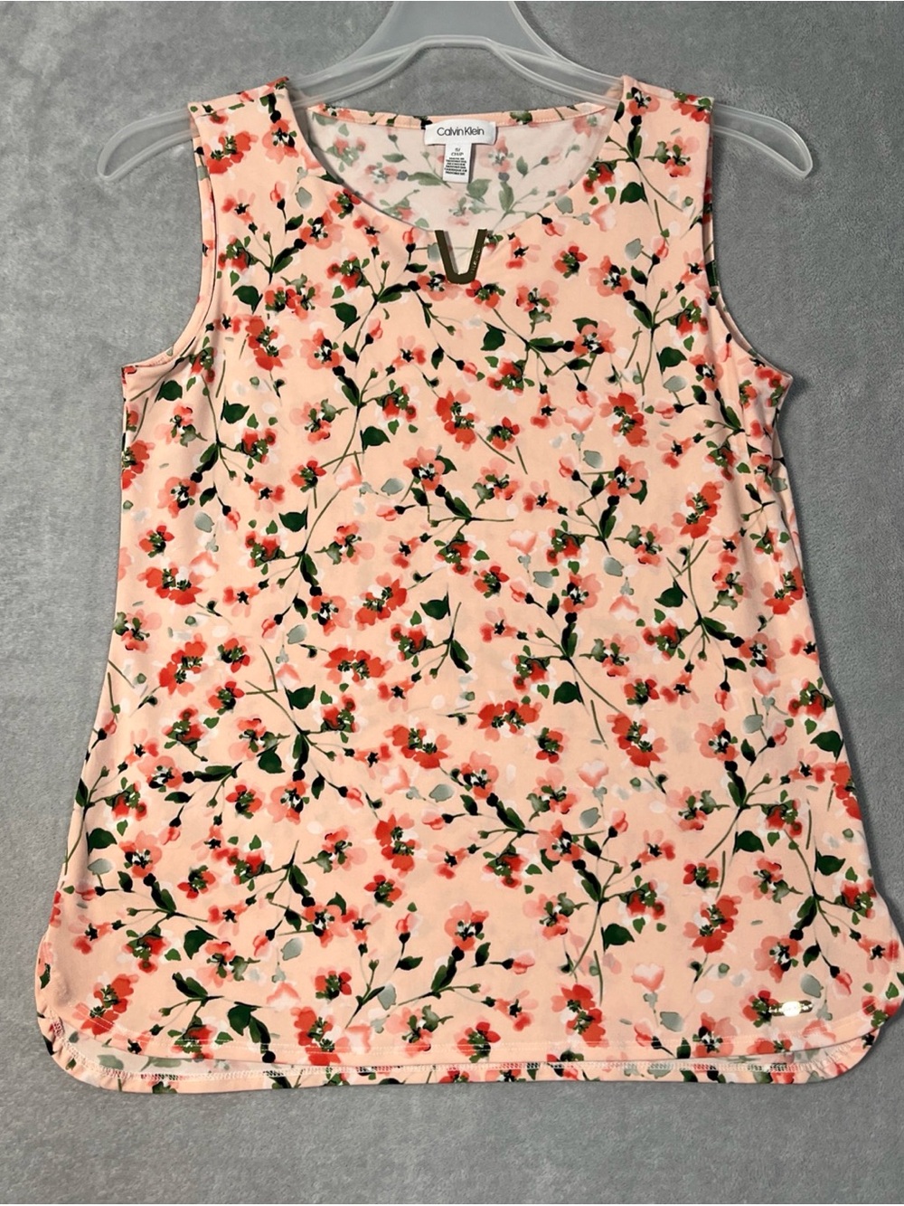 Calvin Klein woman sleeveless top Pink Floral Metal V Notch Boat Neck Stretch S